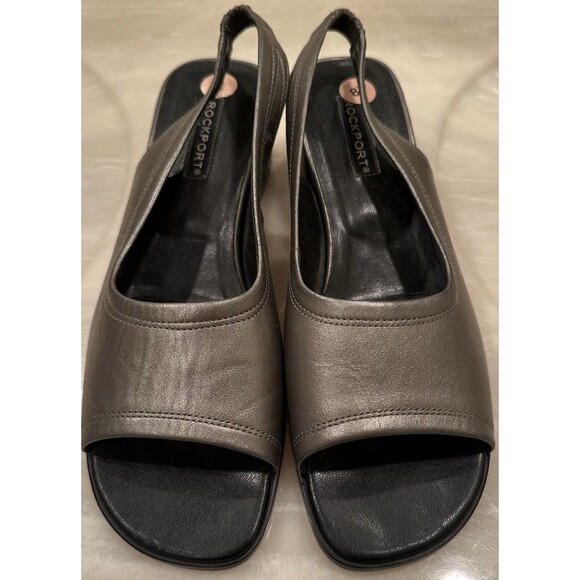 Rockport Leather Slingback Block Heel Sandals Metallic Pewter 8.5M NWOT - Picture 1 of 5